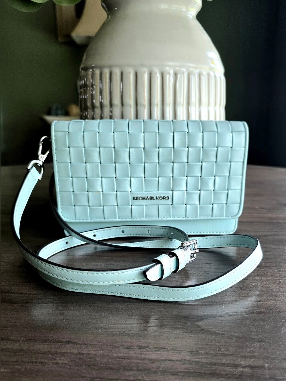 Michael Kors Jet Set Woven Leather Phone Convertible Crossbody Bag